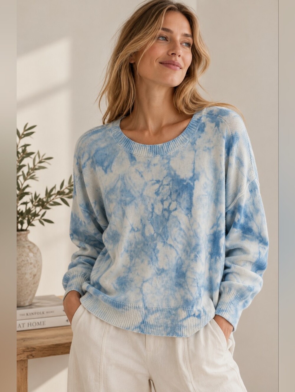 INTERMIX Celine Tie Dye Sweater L Blue White Cotton Blend Crewneck